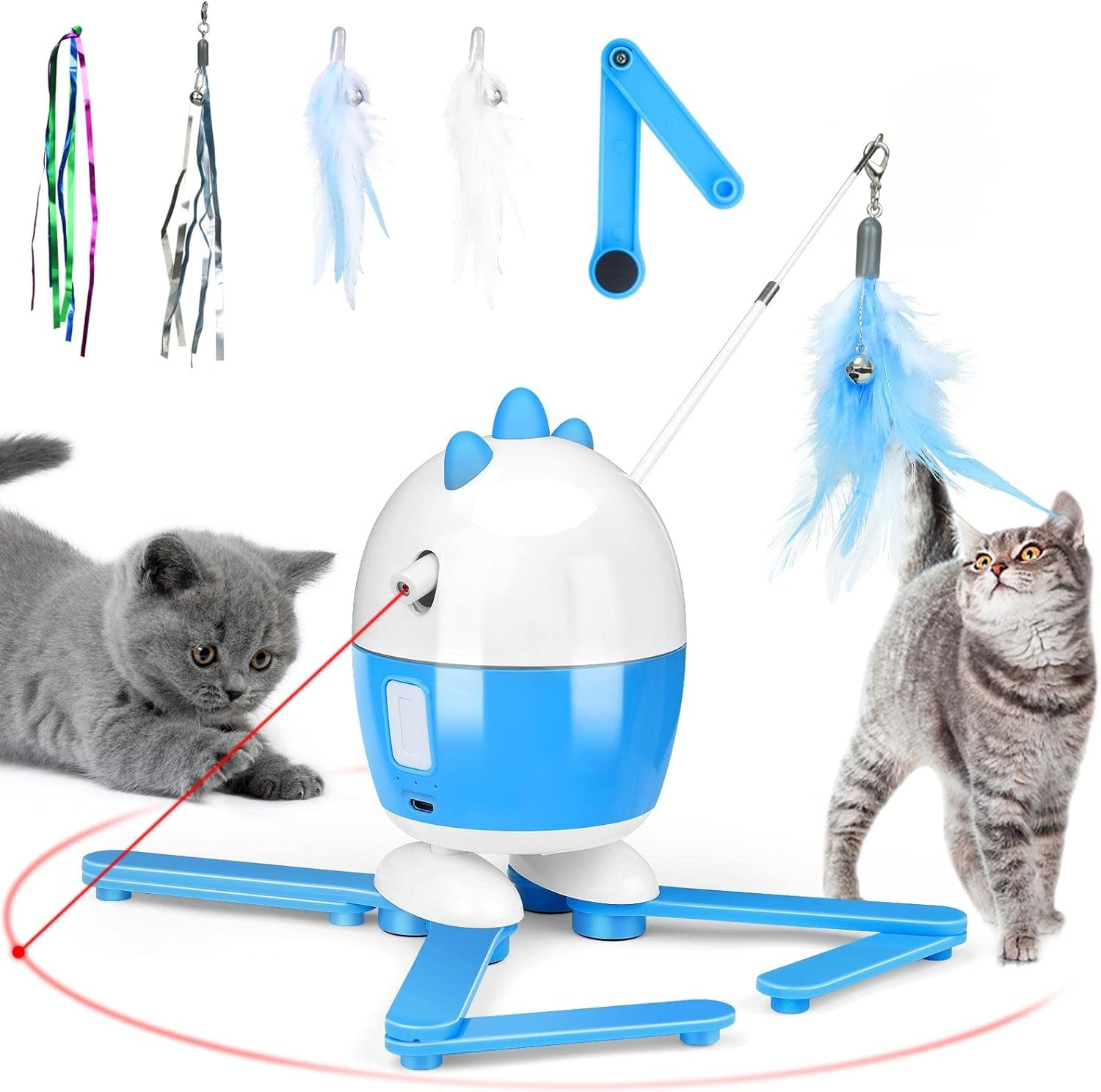 Interactive 2-in-1 Cat Toy with Light and Feather Features, Rechargeable Automatic Exercise Toy for Indoor Cats, Adjustable Design