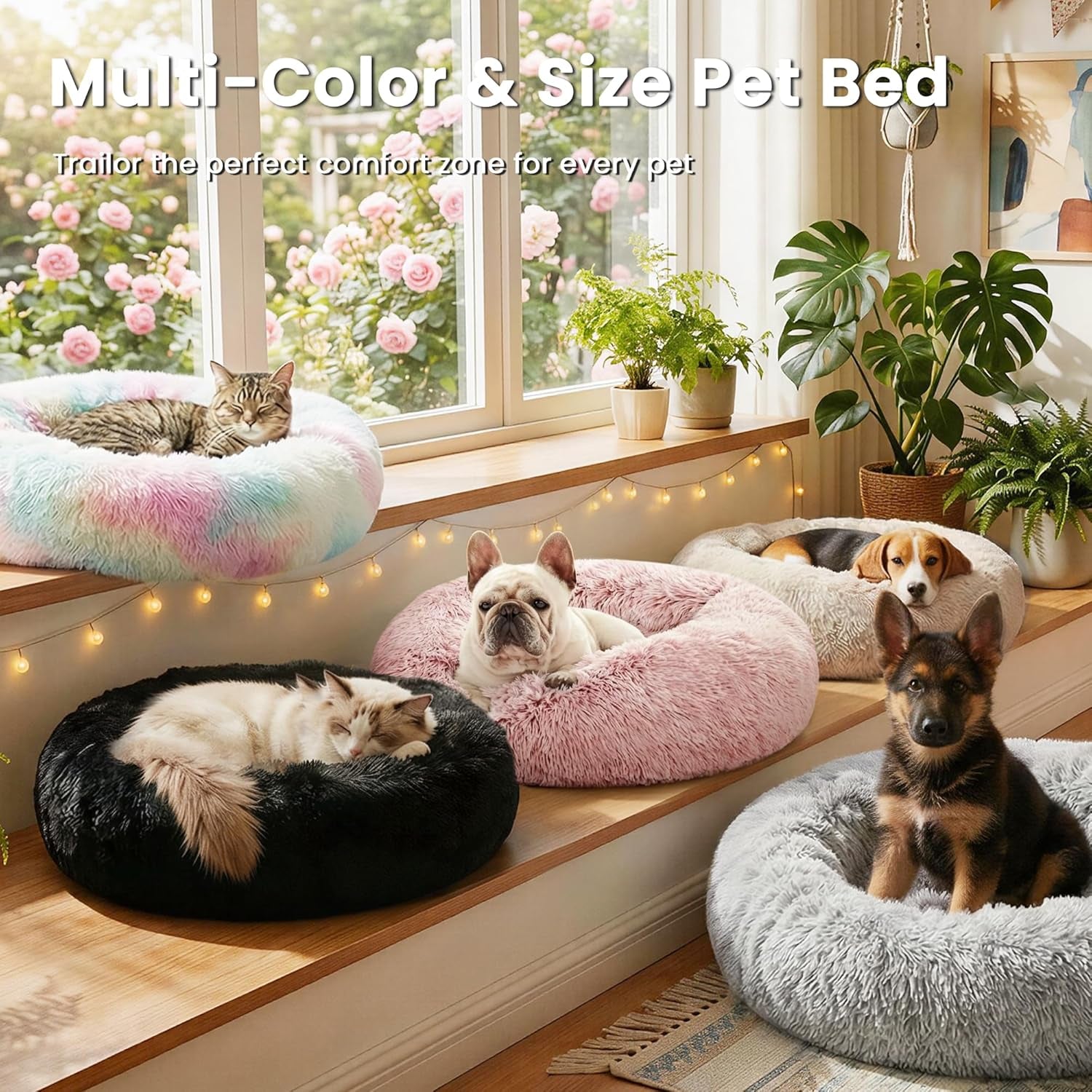 Calming Donut Pet Bed for Cats and Small to Medium Dogs, Anti-Anxiety Fluffy Warming Bed in Beige Taupe, Available in 20" and 24" Sizes