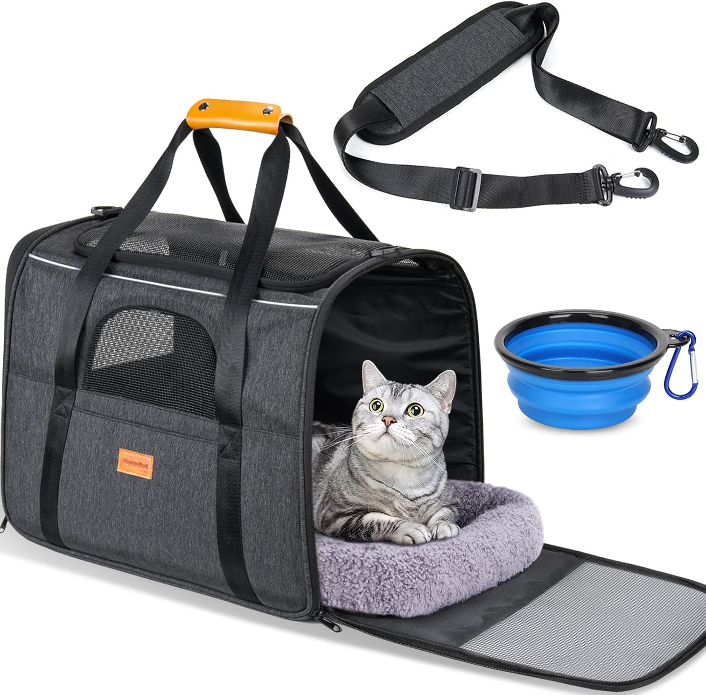 Premium Soft Cat Carrier for Medium to Large Cats (up to 20 lbs) - Features Dual-Sided Cushion, Secure Buckle, Foldable Bowl - Versatile Pet Carrier for Small Dogs (Dark Gray)