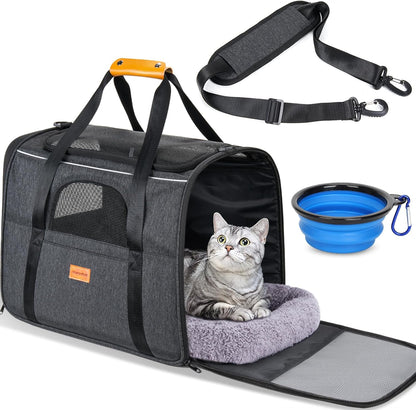 Premium Soft Cat Carrier for Medium to Large Cats (up to 20 lbs) - Features Dual-Sided Cushion, Secure Buckle, Foldable Bowl - Versatile Pet Carrier for Small Dogs (Dark Gray)