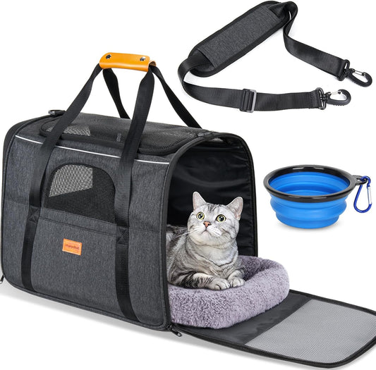 Premium Soft Cat Carrier for Medium to Large Cats (up to 20 lbs) - Features Dual-Sided Cushion, Secure Buckle, Foldable Bowl - Versatile Pet Carrier for Small Dogs (Dark Gray)