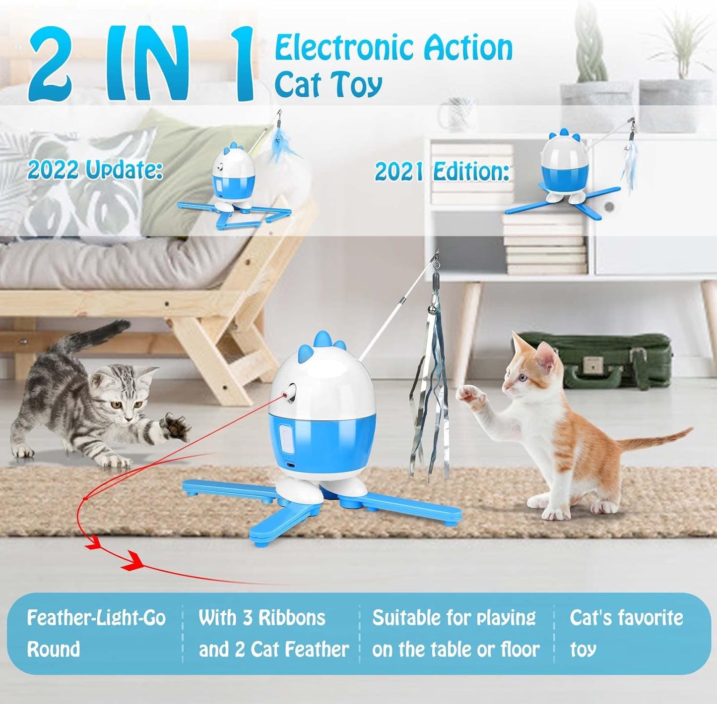 Interactive 2-in-1 Cat Toy with Light and Feather Features, Rechargeable Automatic Exercise Toy for Indoor Cats, Adjustable Design