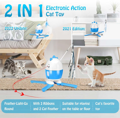 Interactive 2-in-1 Cat Toy with Light and Feather Features, Rechargeable Automatic Exercise Toy for Indoor Cats, Adjustable Design